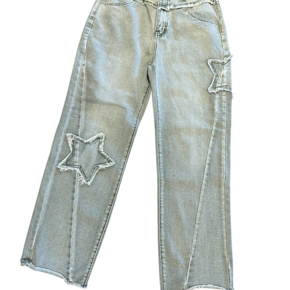 Pale Olive Green Straight Leg Jeans with Star Trim Womens 28 x 28